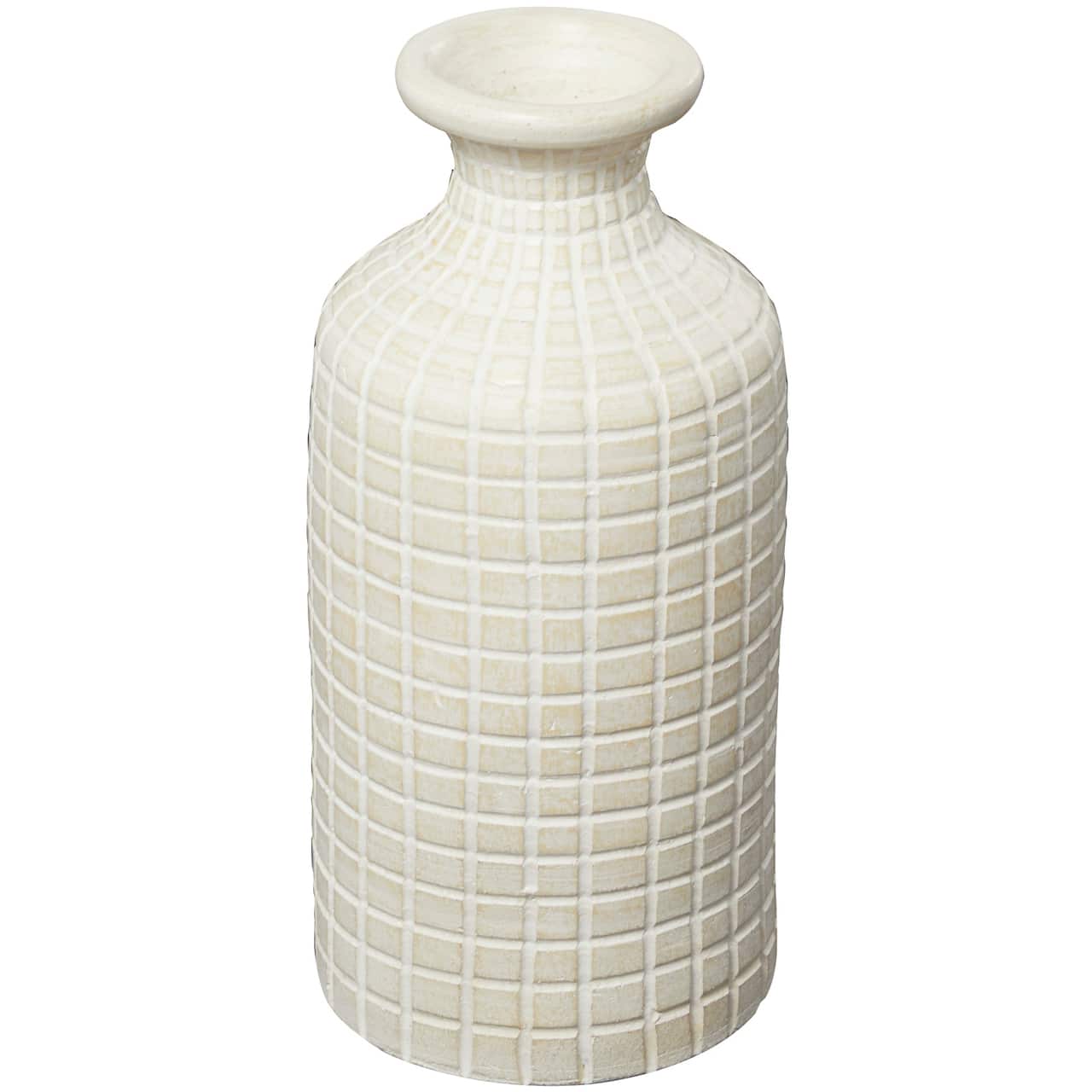 Cream Ceramic Textured Geometric Vase with Checkered Pattern